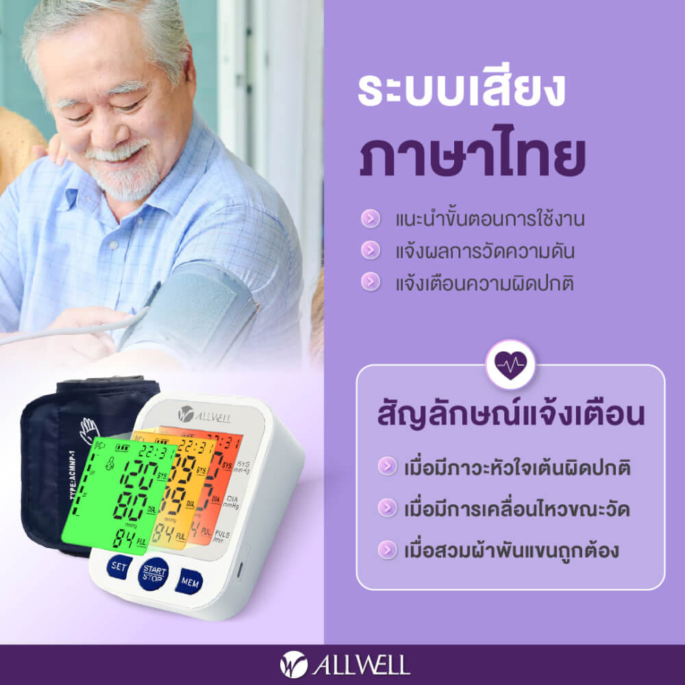 เครื่องวัดความดันโลหิต ALLWELL รุ่น BP EZYCHECK หน้าจอเปลี่ยนสี ระบบเสียงพูดภาษาไทย_2